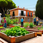 **

"A vibrant community garden scene in a sunny Spanish neighborhood. Diverse group of neighbors, including children and elderly people, planting vegetables and flowers together in raised garden beds. Lush greenery, colorful blooms, and a sense of community spirit. Include traditional Spanish architecture in the background and emphasize sustainable practices. Warm, inviting, and hopeful atmosphere."

**