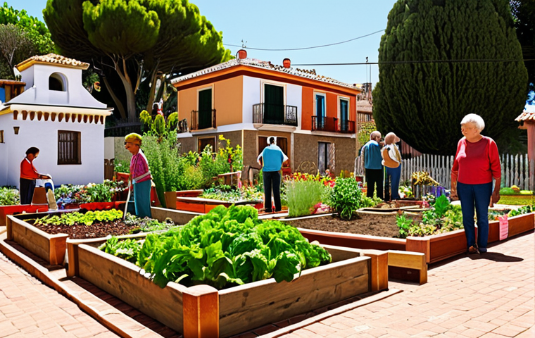 **
"A vibrant community garden scene in a sunny Spanish neighborhood. Diverse group of neighbors, including children and elderly people, planting vegetables and flowers together in raised garden beds. Lush greenery, colorful blooms, and a sense of community spirit. Include traditional Spanish architecture in the background and emphasize sustainable practices. Warm, inviting, and hopeful atmosphere."
**