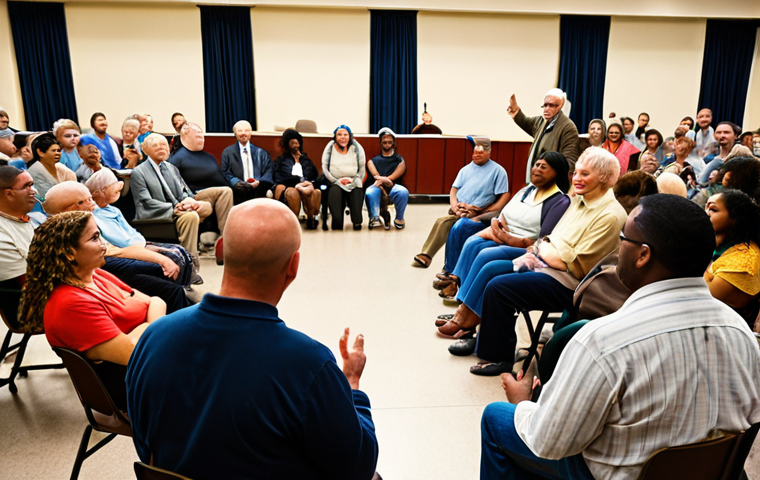 **Prompt:** A group of diverse citizens participating in a town hall meeting, passionately discussing local policies with city officials. Focus on the interaction and engagement, highlighting the importance of citizen involvement in shaping their community. The scene should reflect a vibrant and democratic atmosphere.