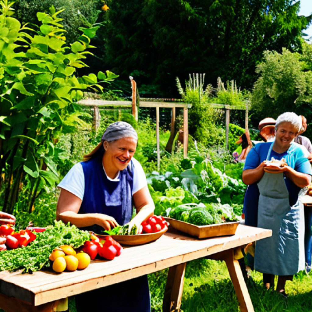 A vibrant community gathering in a lush permaculture garden. A diverse group of adults and children, fully clothed in modest, practical attire, are collaboratively harvesting organic vegetables and fruits. In the background, some are setting up a long wooden table for a shared meal, adorned with freshly picked produce. The scene is bathed in warm, natural sunlight, evoking a sense of joy and connection. The focus is on the communal spirit and the abundance of nature. Perfect anatomy, correct proportions, natural poses, well-formed hands, proper finger count. safe for work, appropriate content, fully clothed, family-friendly, professional photography, high quality, ultra-detailed.