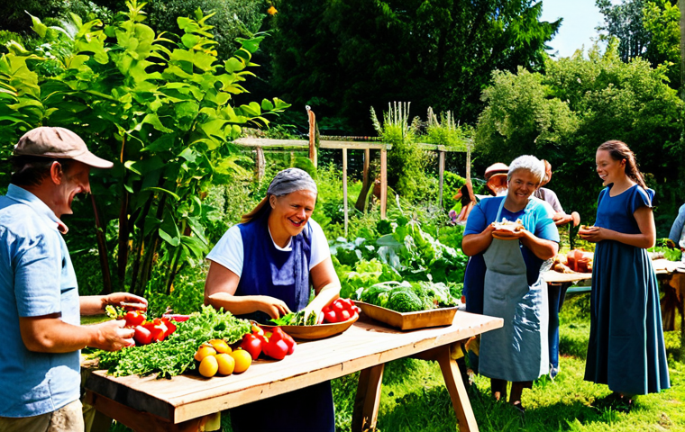 A vibrant community gathering in a lush permaculture garden. A diverse group of adults and children, fully clothed in modest, practical attire, are collaboratively harvesting organic vegetables and fruits. In the background, some are setting up a long wooden table for a shared meal, adorned with freshly picked produce. The scene is bathed in warm, natural sunlight, evoking a sense of joy and connection. The focus is on the communal spirit and the abundance of nature. Perfect anatomy, correct proportions, natural poses, well-formed hands, proper finger count. safe for work, appropriate content, fully clothed, family-friendly, professional photography, high quality, ultra-detailed.
