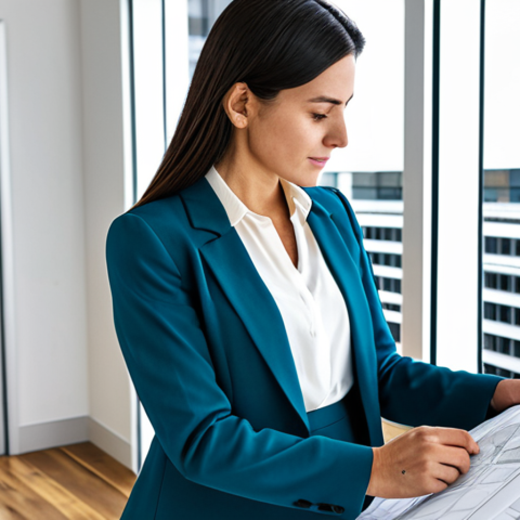 **
A professional female architect in a fully clothed, modest business casual outfit (blouse, slacks, blazer) standing in a brightly lit, modern architectural office. She is reviewing blueprints. Safe for work, appropriate content, professional, perfect anatomy, correct proportions, well-formed hands, proper finger count, natural body proportions, high quality, professional photography.
**