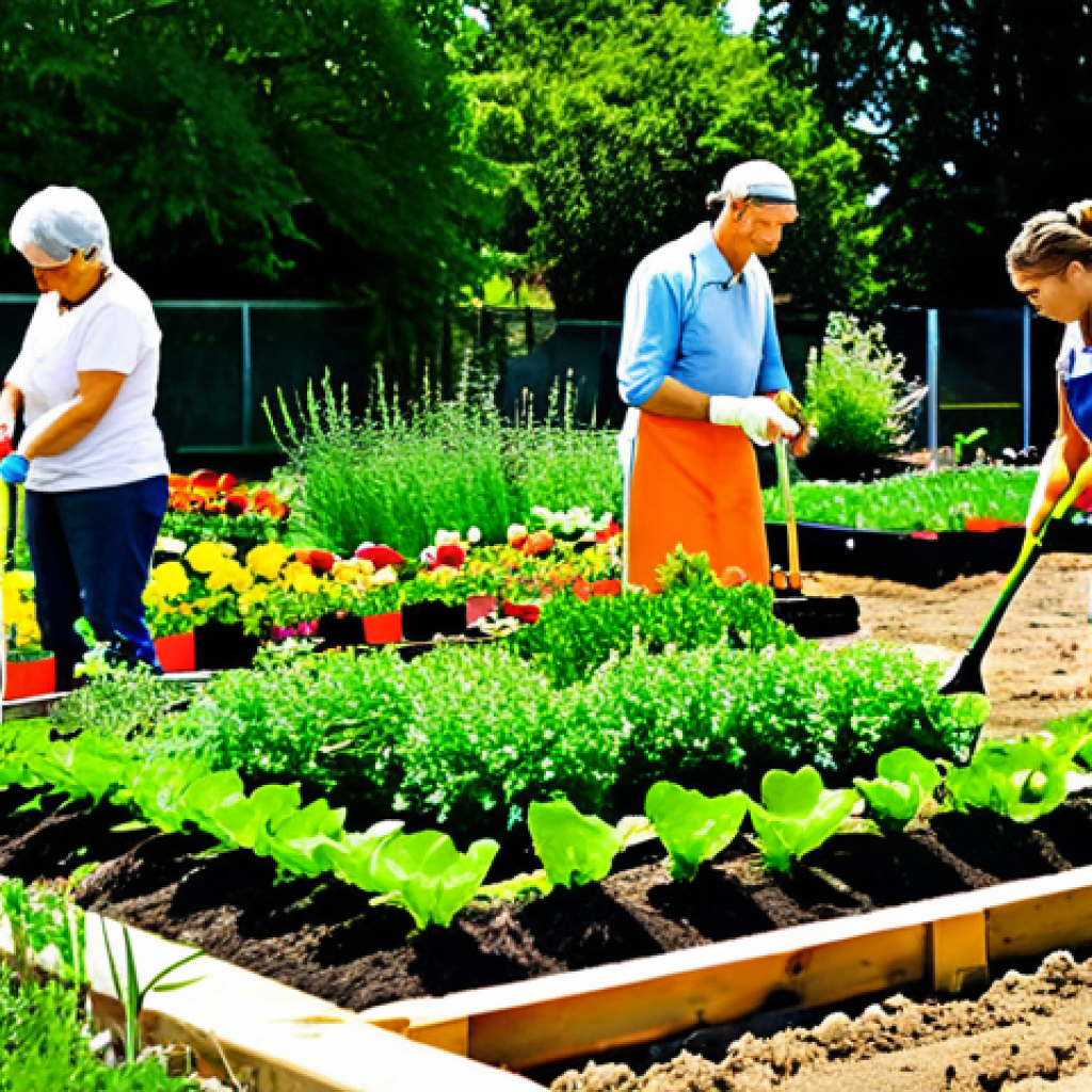 의도적 공동체의 다양한 지원 서비스 제공하기 - Community Garden**
"A group of diverse neighbors, fully clothed and wearing gardening attire, worki...
