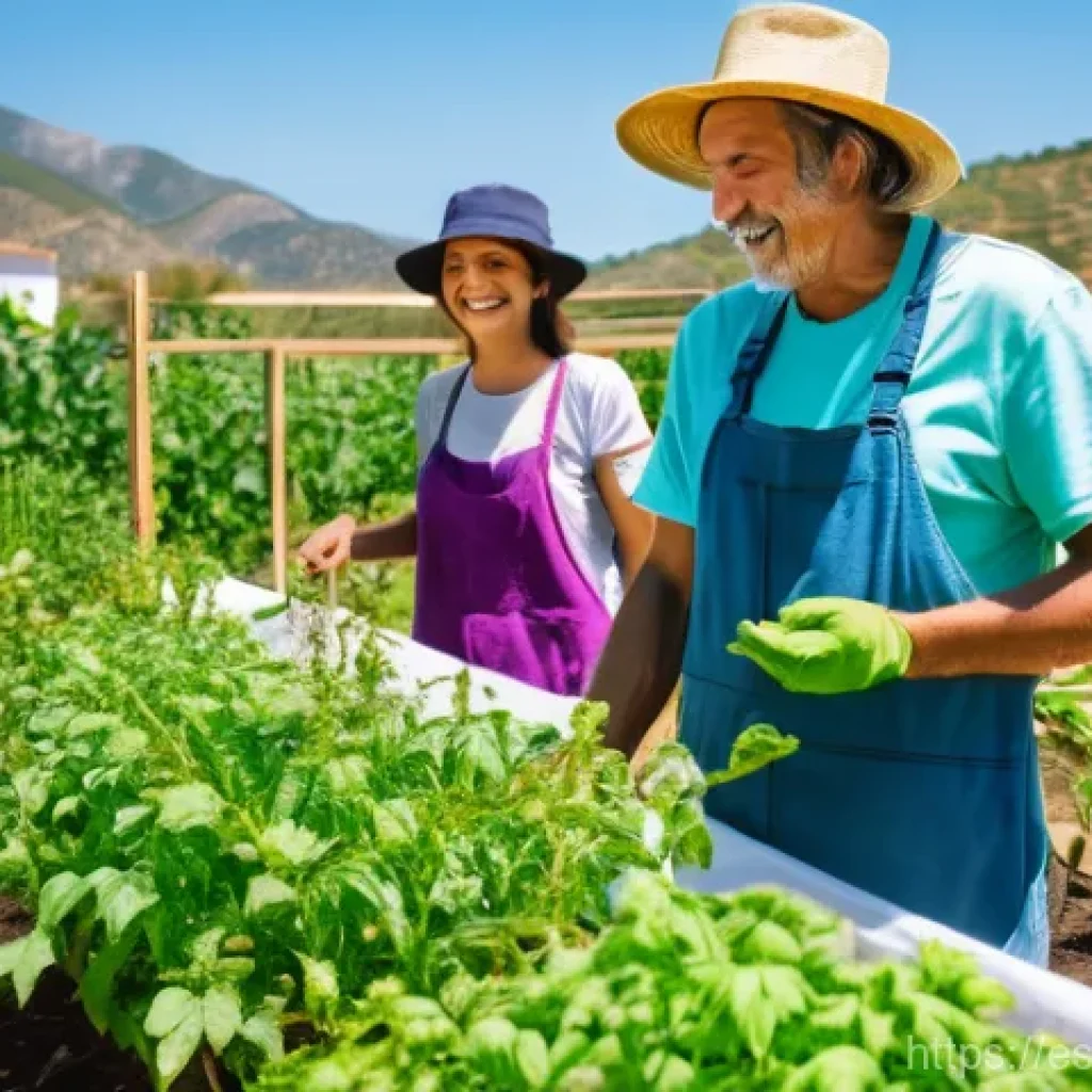 의도적 공동체의 자원봉사 프로그램 운영 - **Prompt:** A vibrant, sun-drenched scene in a sustainable eco-village in rural Andalusia, Spain. A ...