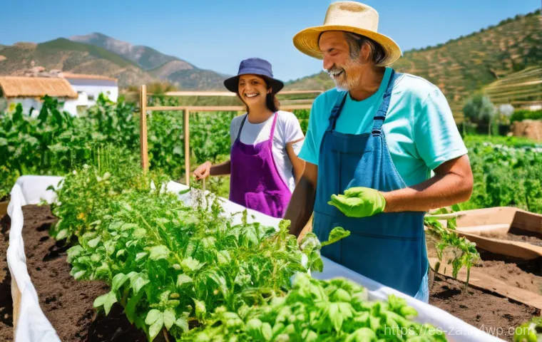 의도적 공동체의 자원봉사 프로그램 운영 - **Prompt:** A vibrant, sun-drenched scene in a sustainable eco-village in rural Andalusia, Spain. A ...