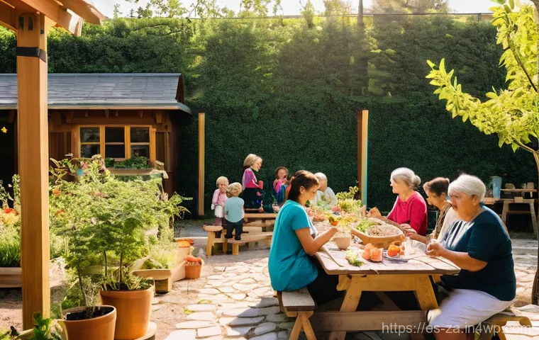 의도적 공동체의 건강한 관계 구축하기 - **Shared Harvest Festival in a Vibrant Intentional Community**
    A wide shot of a bustling, vibran...