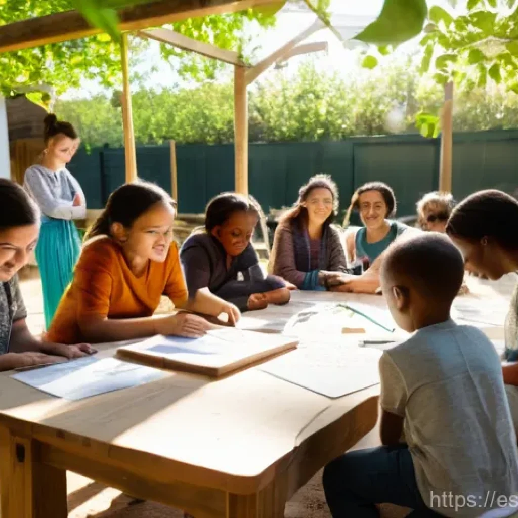 의도적 공동체에서의 아이디어 공유 및 발전 방법 - A vibrant, wide-angle shot of a diverse group of 6-8 adults and 2-3 children (all wearing comfortabl...