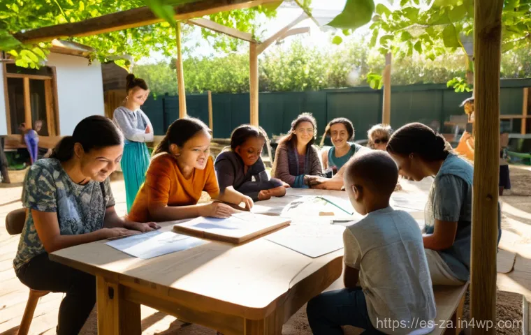 의도적 공동체에서의 아이디어 공유 및 발전 방법 - A vibrant, wide-angle shot of a diverse group of 6-8 adults and 2-3 children (all wearing comfortabl...
