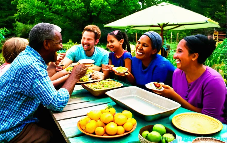 의도적 공동체에서의 아이디어 공유 및 발전 방법 - A dynamic, medium-shot depicting 7-9 adults and 1-2 older children (all dressed in practical, work-a...