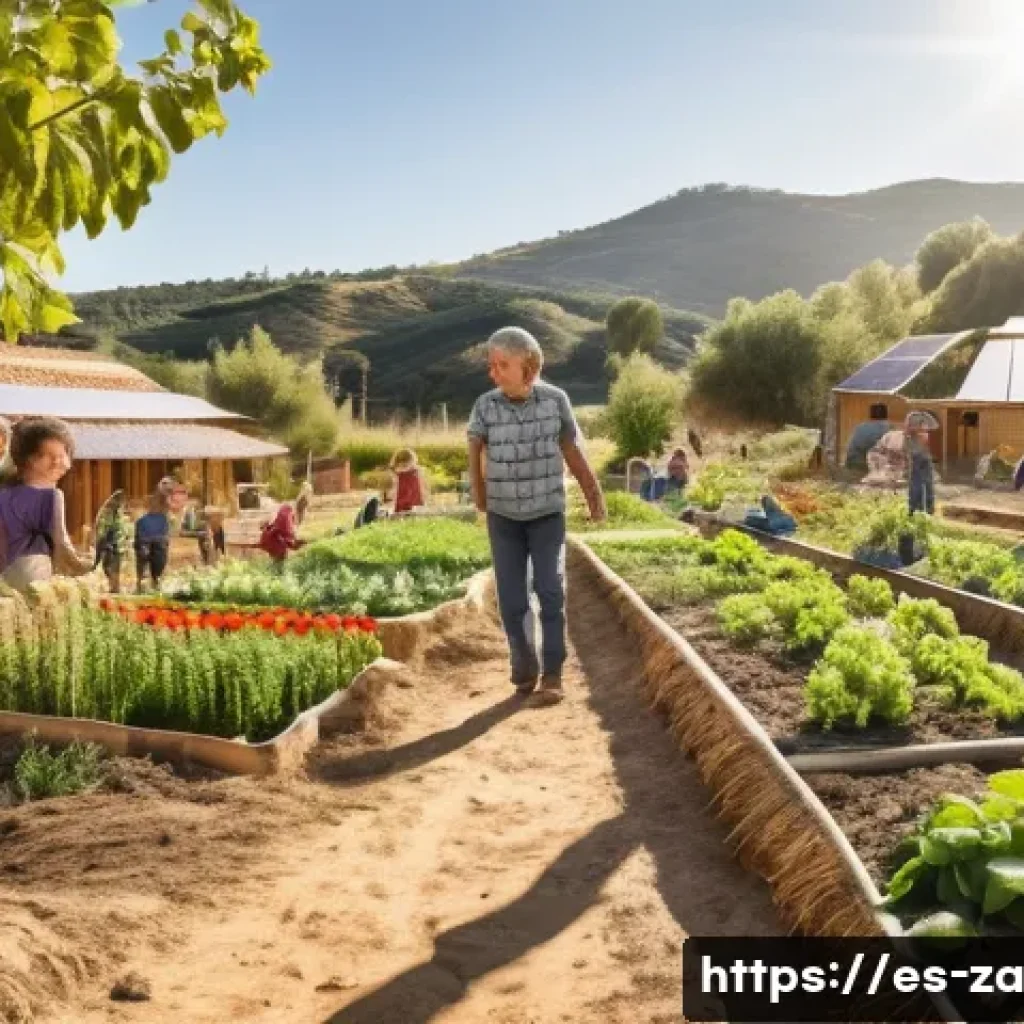 의도적 공동체의 친환경 생활 실천 방안 - **Ecovillage Harmony: A Diverse Community in a Sustainable Landscape**
    An idyllic, wide-angle sh...