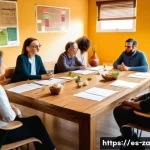 Home 19 의도적 공동체의 경제적 모델 비교 분석 - A vibrant cooperative meeting in a sunny community center in Spain, featuring diverse adults engaged...