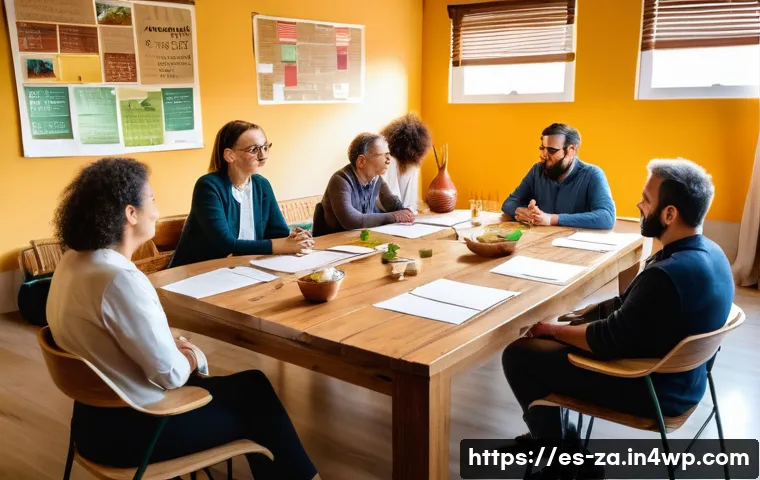 의도적 공동체의 경제적 모델 비교 분석 - A vibrant cooperative meeting in a sunny community center in Spain, featuring diverse adults engaged...