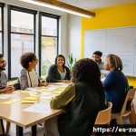 Home 18 의도적 공동체의 목표 설정을 위한 워크숍 기획 - A diverse group of community members seated in a bright, welcoming workshop room in a Latin American...