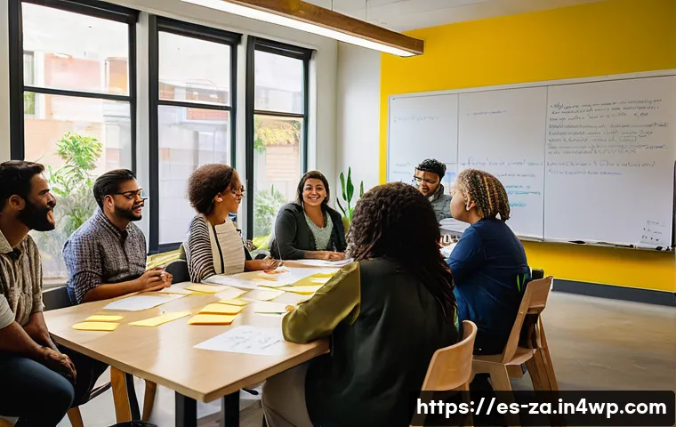 의도적 공동체의 목표 설정을 위한 워크숍 기획 - A diverse group of community members seated in a bright, welcoming workshop room in a Latin American...