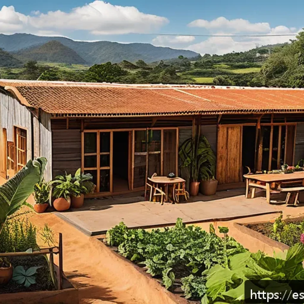 의도적 공동체의 운영 방식과 구조 변화 - A vibrant intentional community in a rural Latin American setting, showcasing eco-friendly shared ho...