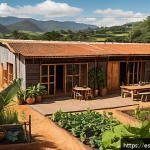 Home 20 의도적 공동체의 운영 방식과 구조 변화 - A vibrant intentional community in a rural Latin American setting, showcasing eco-friendly shared ho...