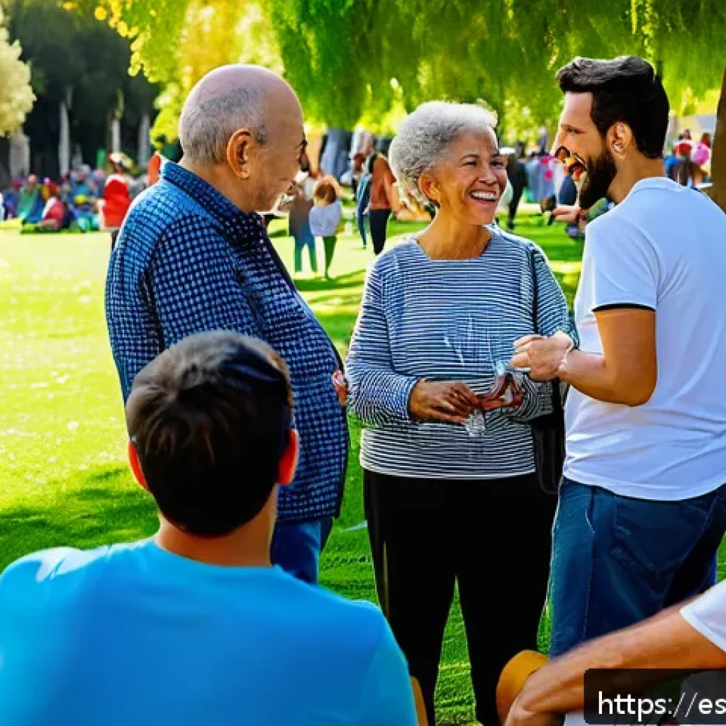 의도적 공동체 내에서의 자원 공유 모델 - A vibrant community gathering in a sunny urban park in Spain, diverse group of adults and elderly pe...