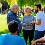 Home 19 의도적 공동체 내에서의 자원 공유 모델 - A vibrant community gathering in a sunny urban park in Spain, diverse group of adults and elderly pe...