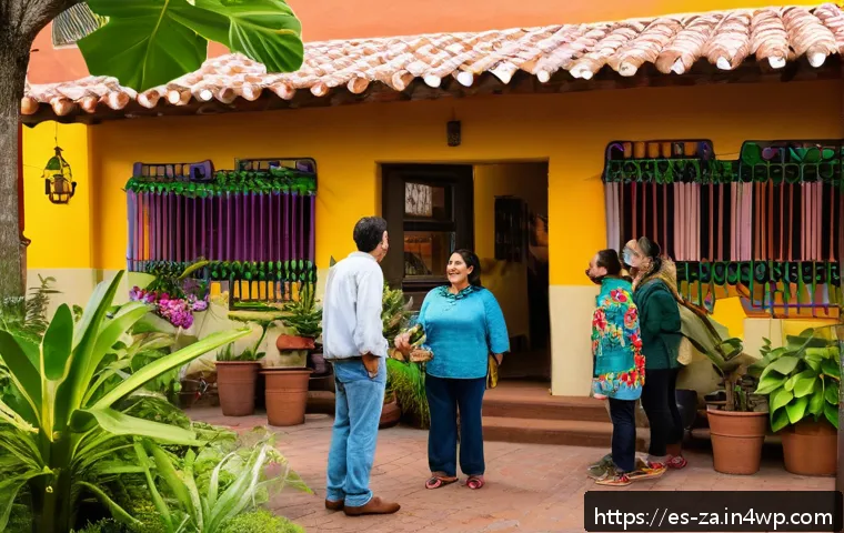 의도적 공동체의 문화 형성 및 유지 방법 - A warm, welcoming scene at the entrance of a vibrant, intentional community center in a Spanish-spea...