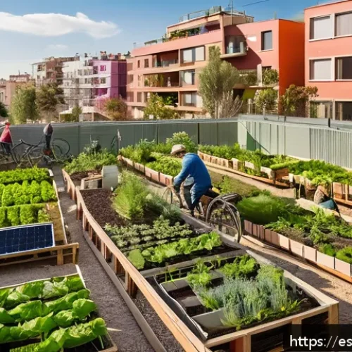 Home 17 의도적 공동체의 공공 정책과의 관계 - A vibrant urban community garden in Barcelona, Spain, featuring diverse adults and elderly people wo...