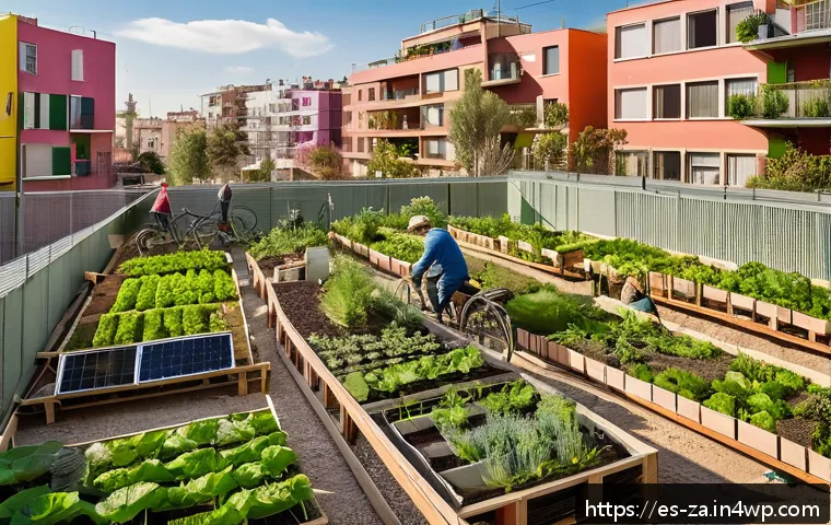 의도적 공동체의 공공 정책과의 관계 - A vibrant urban community garden in Barcelona, Spain, featuring diverse adults and elderly people wo...